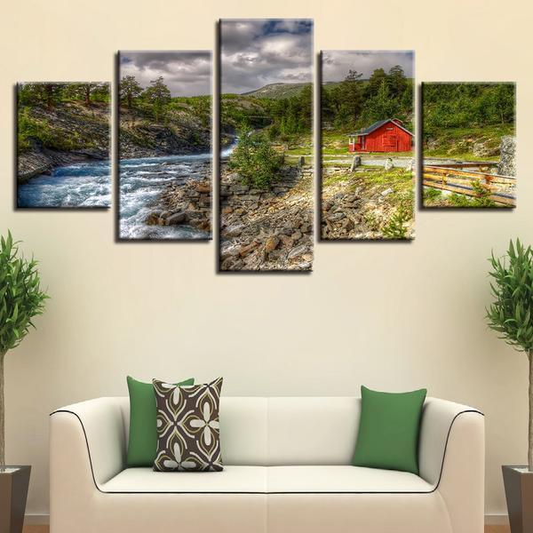 Mountain Trees Stream River Red Barn Landscape Nature Canvas Wall Art