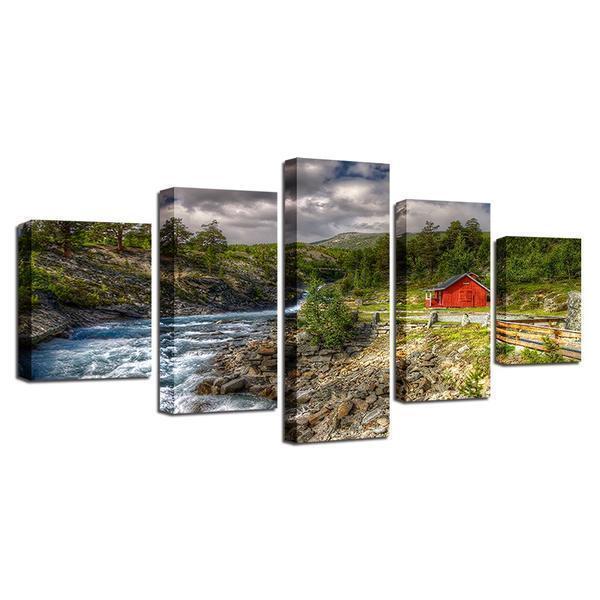 Mountain Trees Stream River Red Barn Landscape Nature Canvas Wall Art