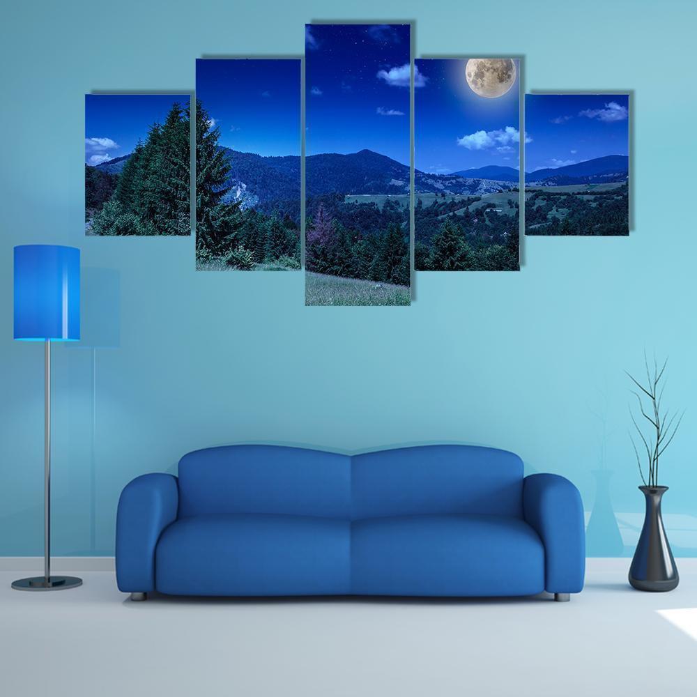 Mountain View From Green Meadow On Summer Night Nature Canvas Wall Art