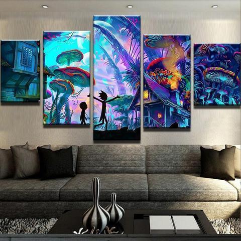 Mushroom World Rick And Morty Cartoon Canvas Wall Art