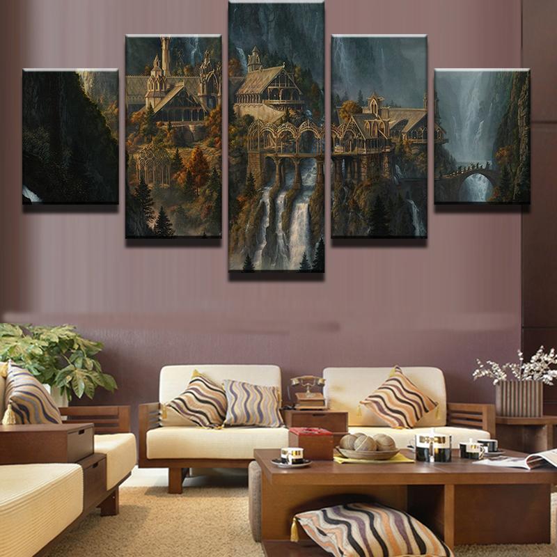 Mysterious Castle In Waterfall Mountain Nature Canvas Wall Art