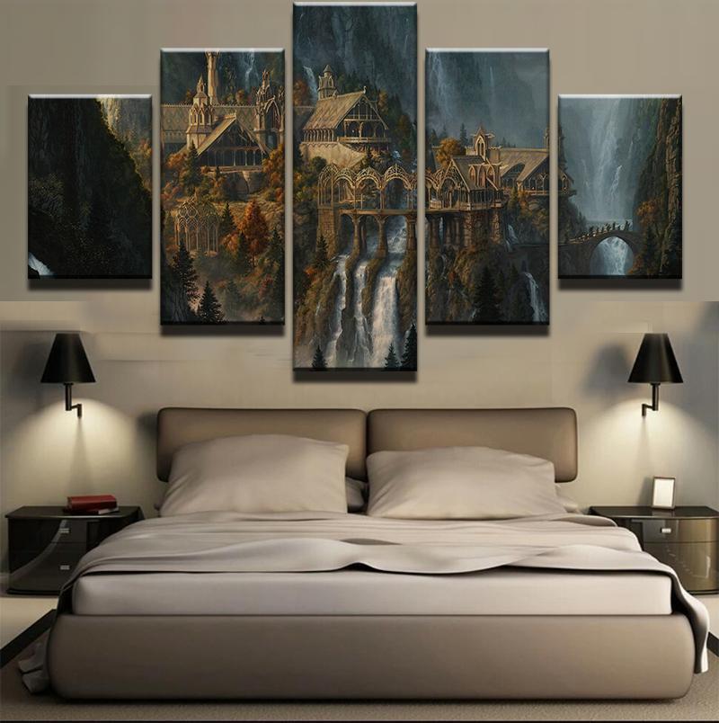Mysterious Castle In Waterfall Mountain Nature Canvas Wall Art