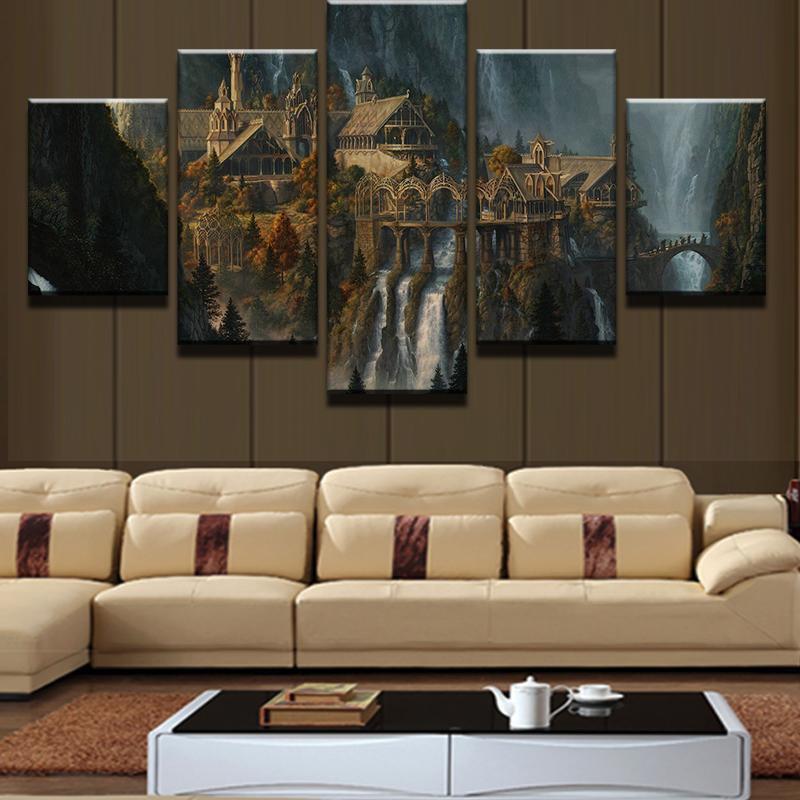 Mysterious Castle In Waterfall Mountain Nature Canvas Wall Art