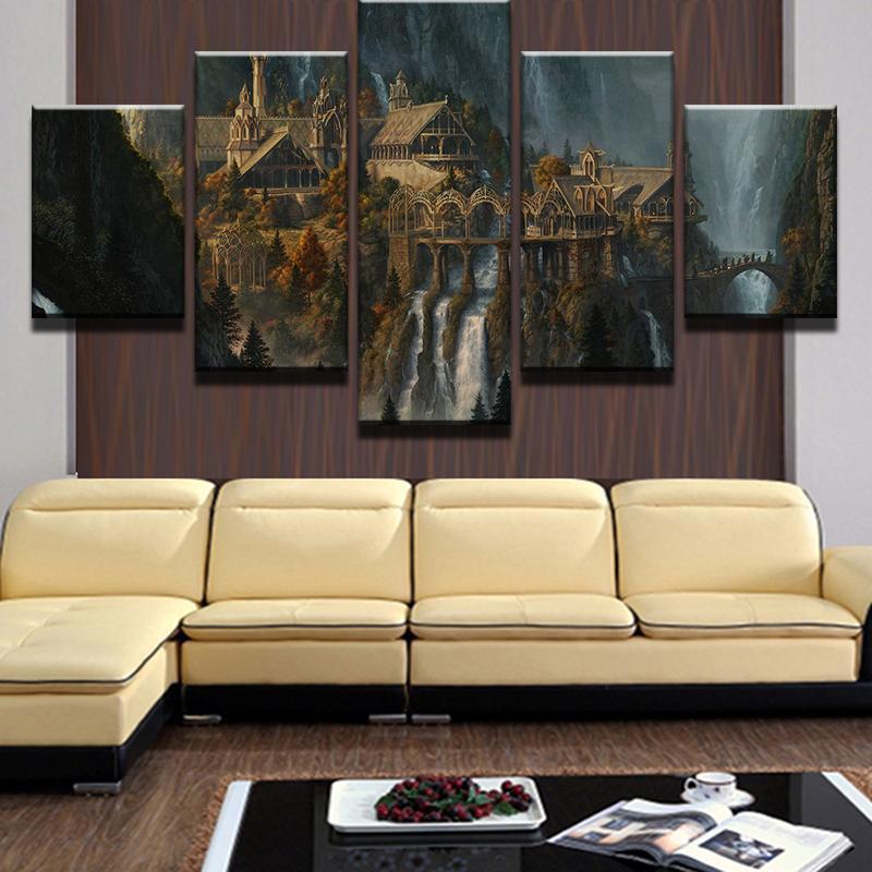 Mysterious Castle In Waterfall Mountain Nature Canvas Wall Art