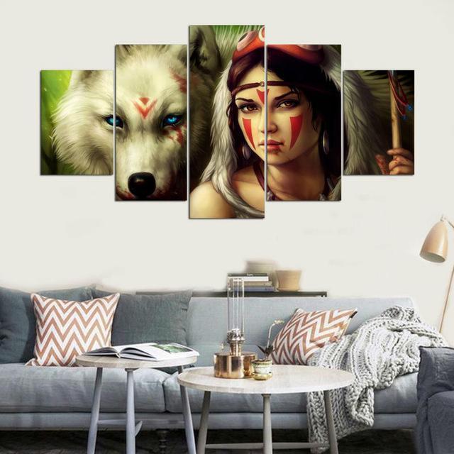 Native American Girl And Wolf Army Canvas Wall Art
