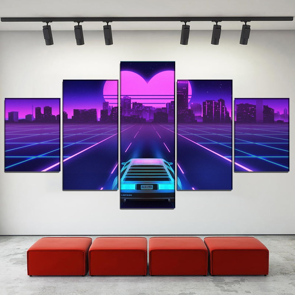 Heart-Shaped Neon City Retro Wave Car Canvas Wall Art