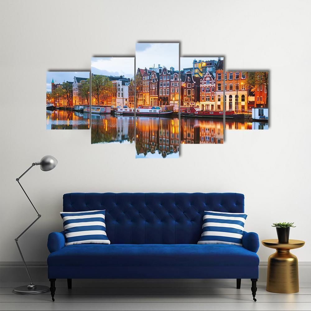 Night City View Of Amsterdam Nature Canvas Wall Art