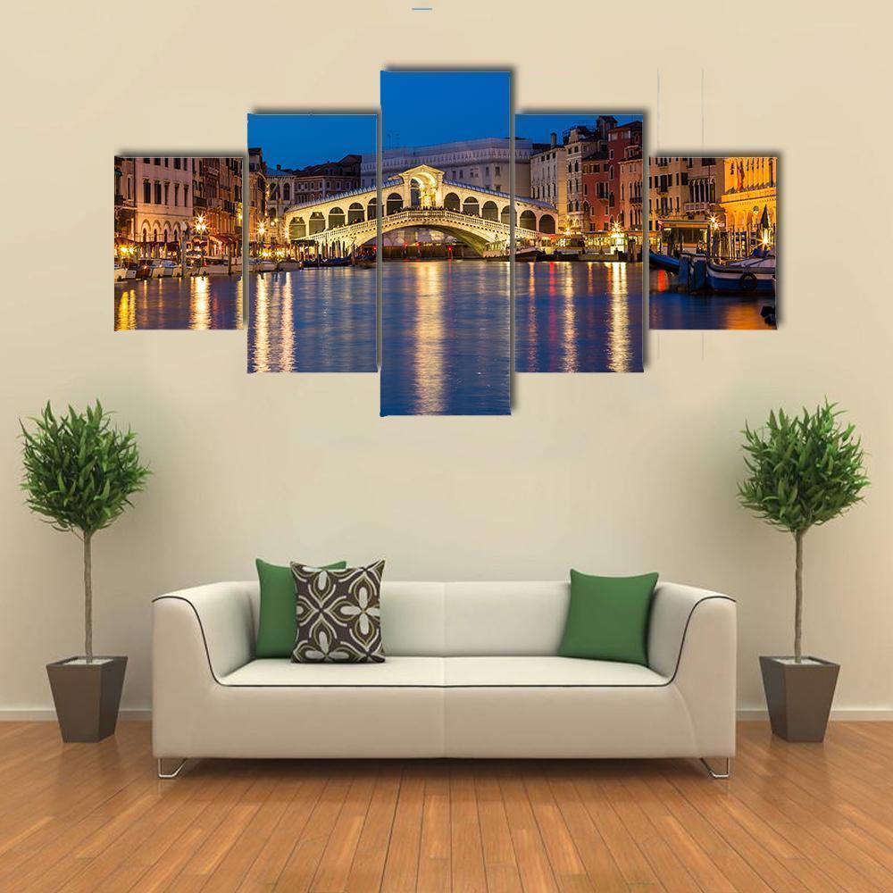 Night Shot Of The Rialto Bridge, Venice Italy Nature Canvas Wall Art