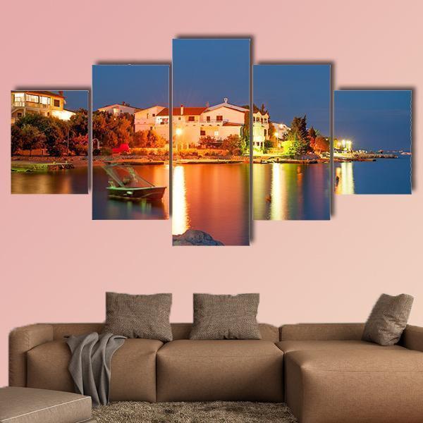Night Time View Of Simuni Village On Pag Island Nature Canvas Wall Art