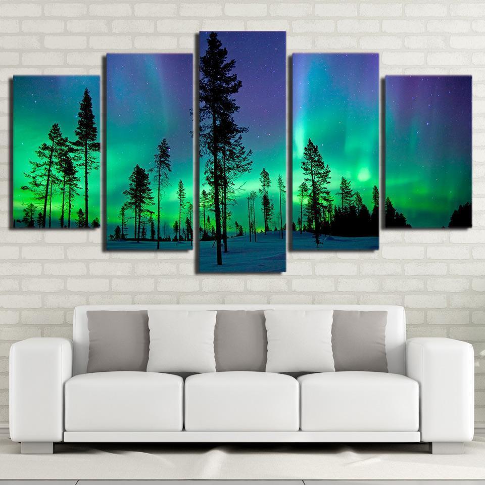 Night View Of Aurora Forest Nature Canvas Wall Art