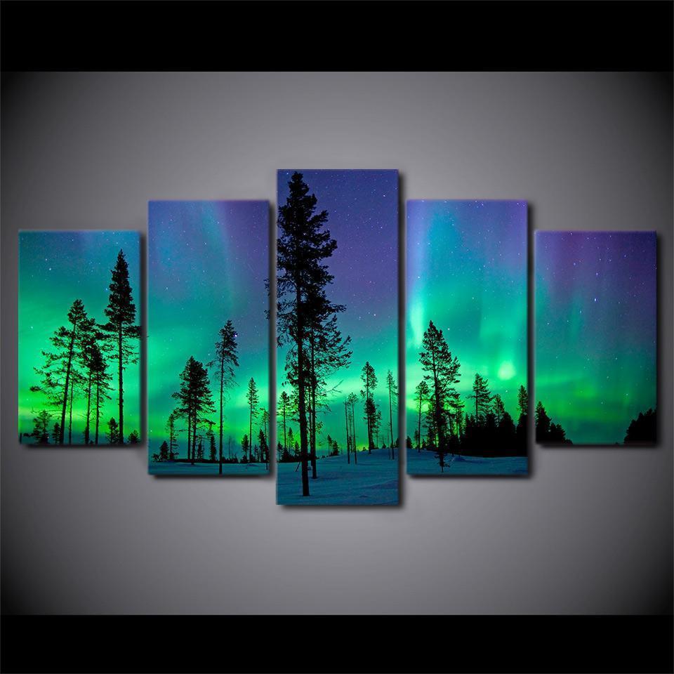 Night View Of Aurora Forest Nature Canvas Wall Art