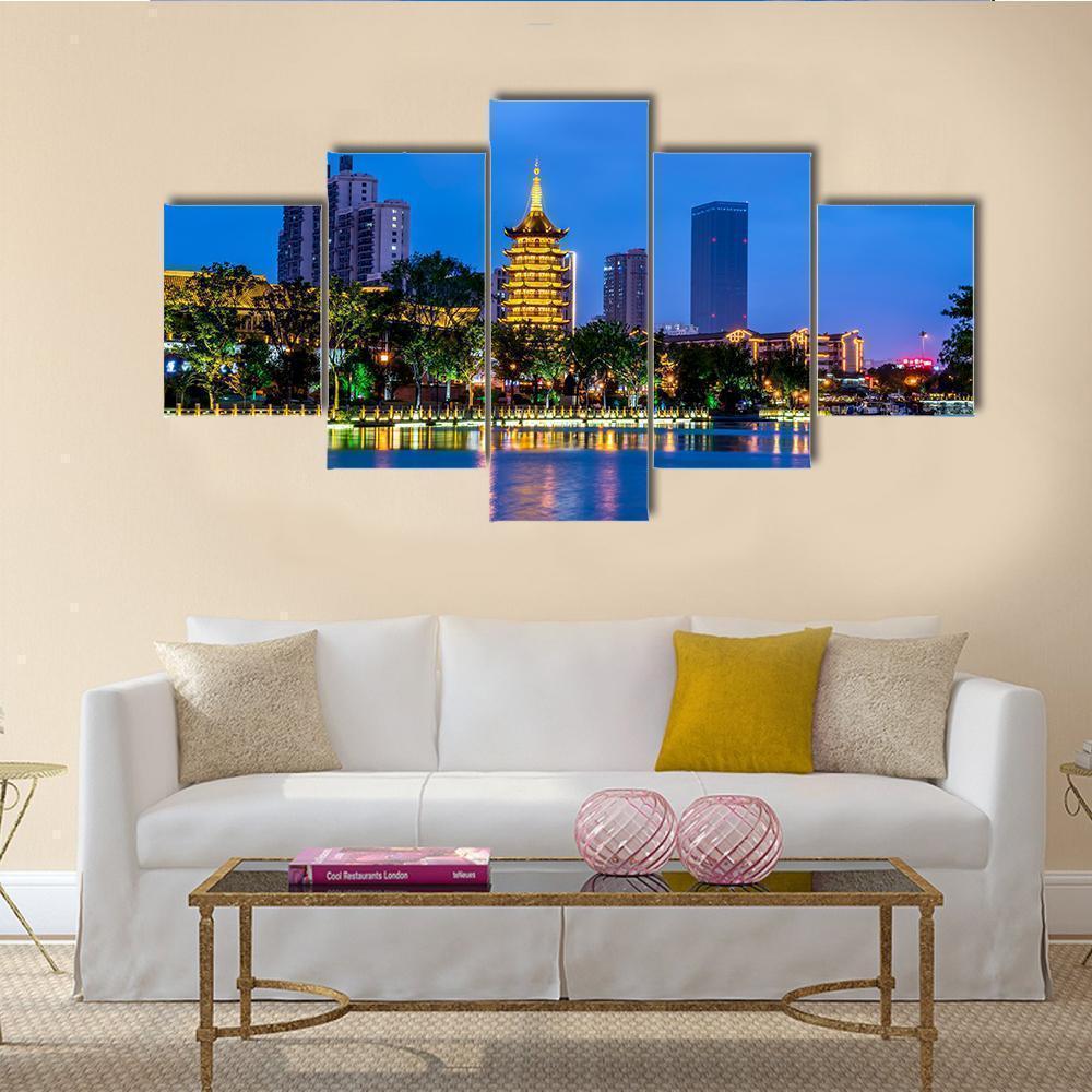 Night View Of Qingjiang Pu Building In Huaian Nature Canvas Wall Art