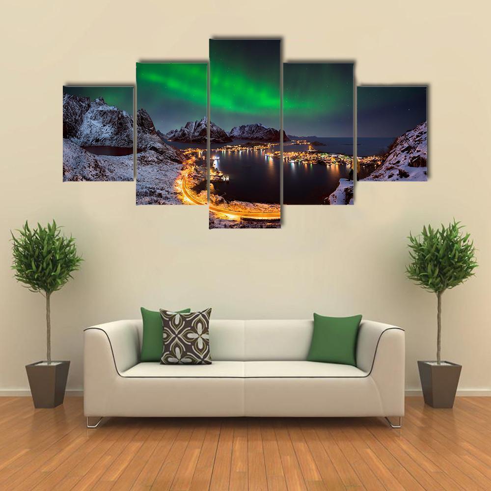 Northern Lights Over Reine, Lofoten Islands, Norway Nature Canvas Wall Art