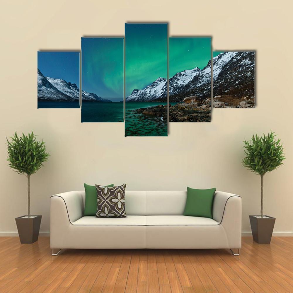 Northern Lights Reflection With Fjords Nature Canvas Wall Art