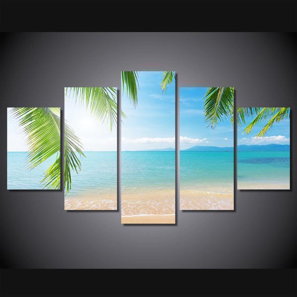 Ocean Beach With Palm Fronds Nature Canvas Wall Art