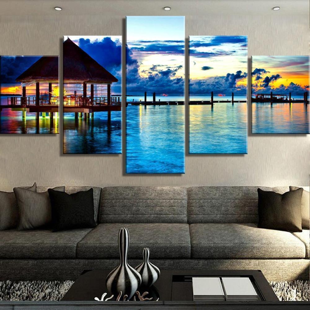 Ocean Sunset Vacation Dock Nature Canvas Wall Art