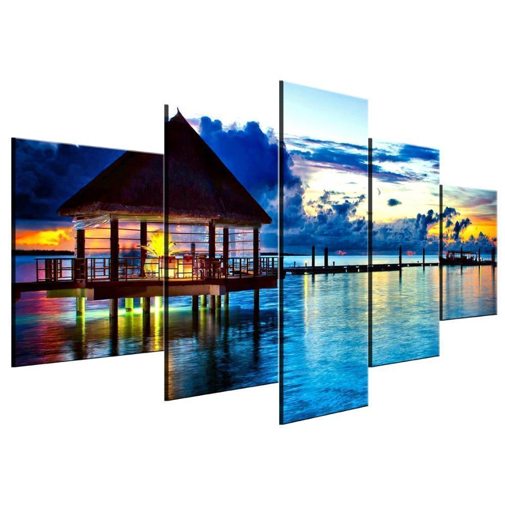 Ocean Sunset Vacation Dock Nature Canvas Wall Art