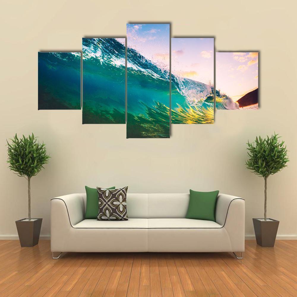 Ocean Wave At Sunset Nature Canvas Wall Art