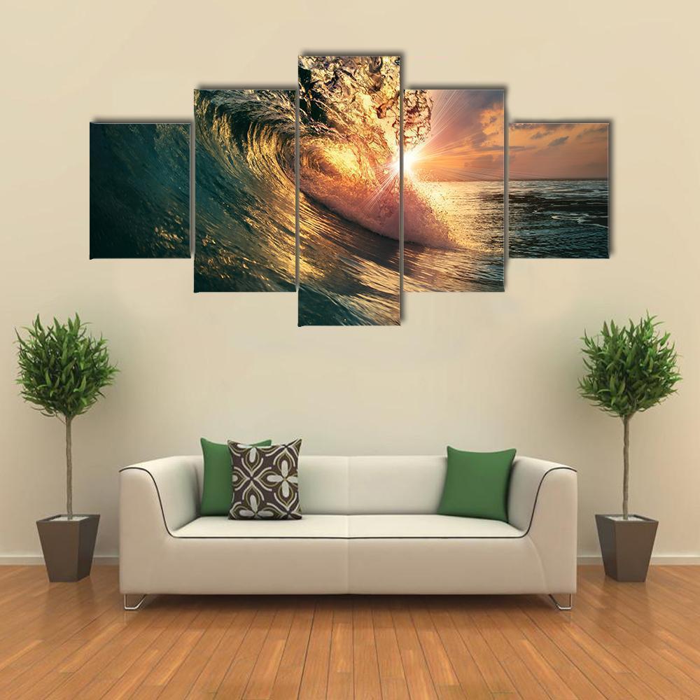 Ocean Wave At Sunset Time Nature Canvas Wall Art