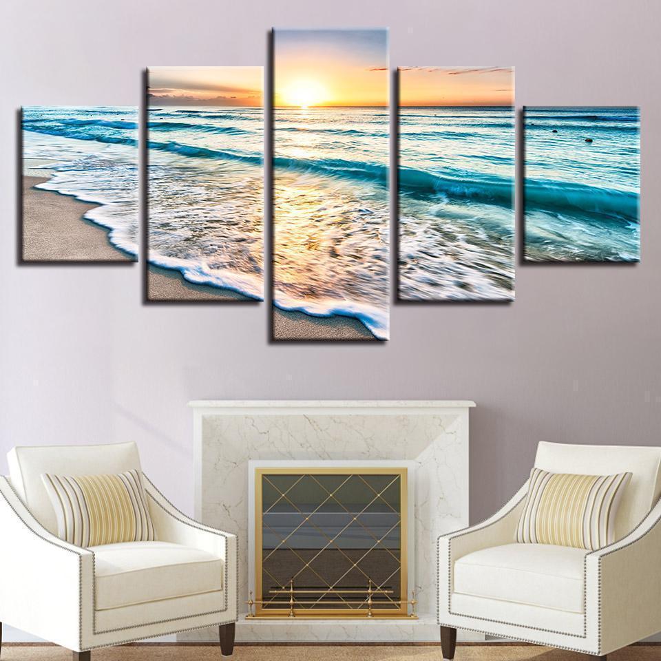 Ocean Waves In Sunset Nature Canvas Wall Art