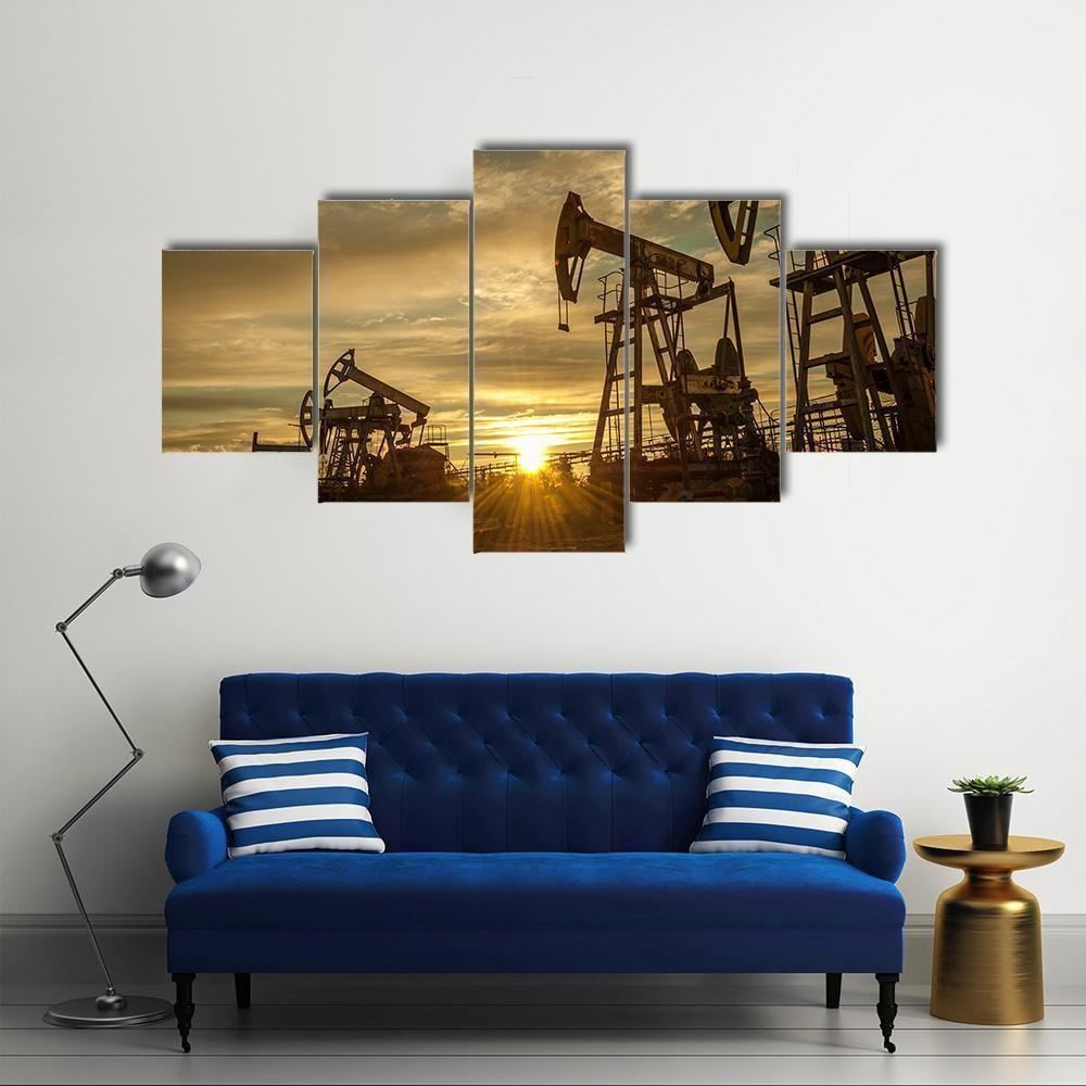 Oil Pump Jacks At Sunset Sky Nature Canvas Wall Art