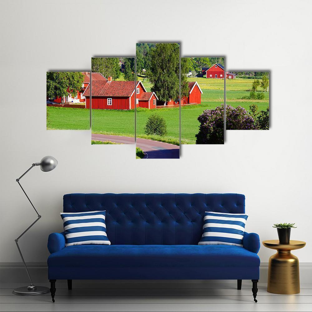 Old Red Farm Houses In A Rural Landscape Nature Canvas Wall Art
