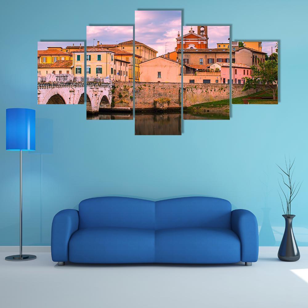 Old Town Rimini With Bridge In The Morning Nature Canvas Wall Art