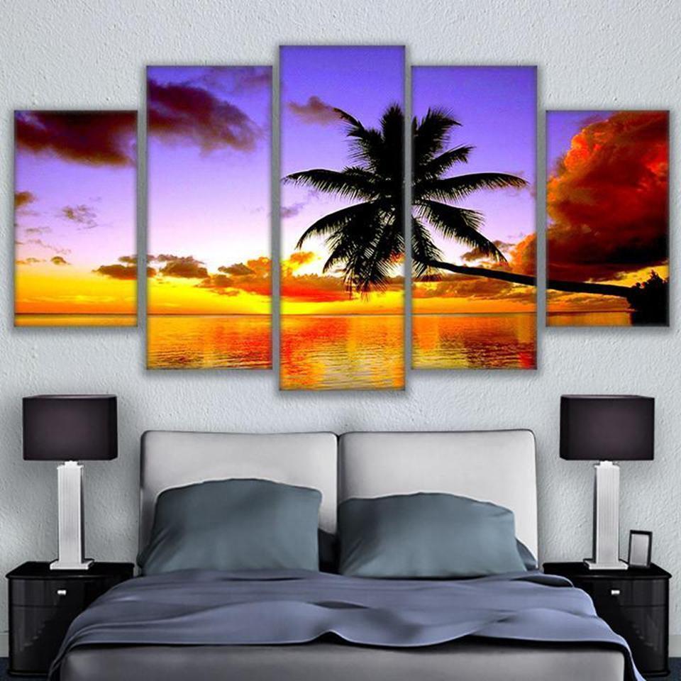 Orange And Rsky Palm Tree Sea Nature Canvas Wall Art