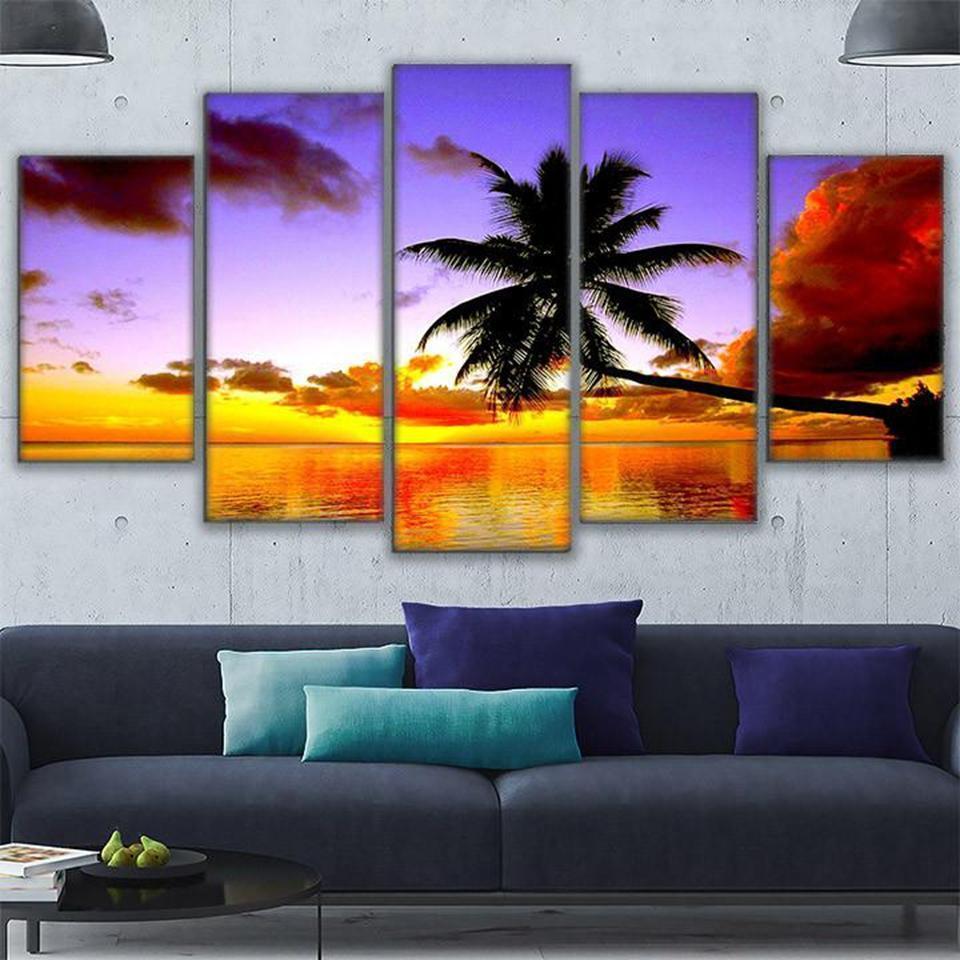 Orange And Rsky Palm Tree Sea Nature Canvas Wall Art