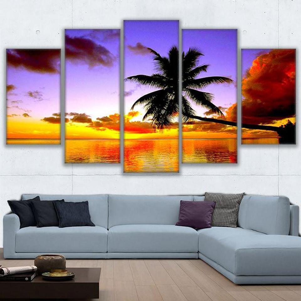 Orange And Rsky Palm Tree Sea Nature Canvas Wall Art