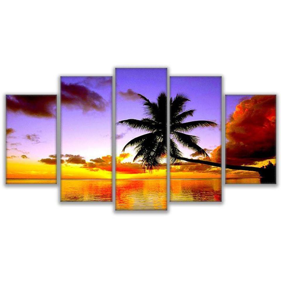 Orange And Rsky Palm Tree Sea Nature Canvas Wall Art