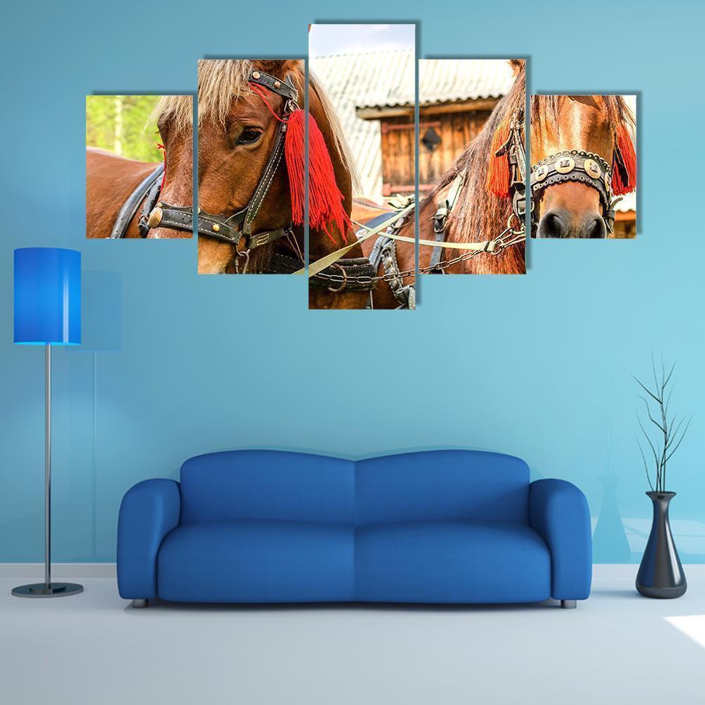 Pair Of Brown Horses Heads Animal Canvas Wall Art