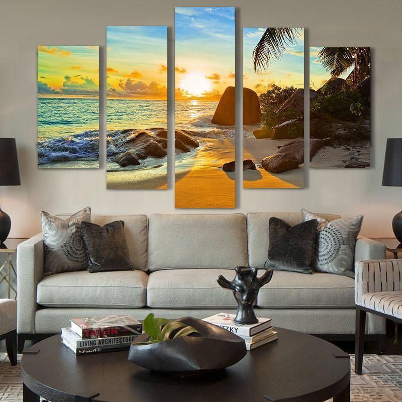 Palm Beach With Sunset Nature Canvas Wall Art