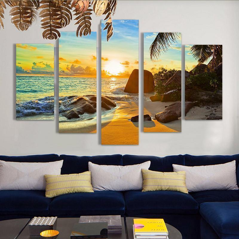 Palm Beach With Sunset Nature Canvas Wall Art