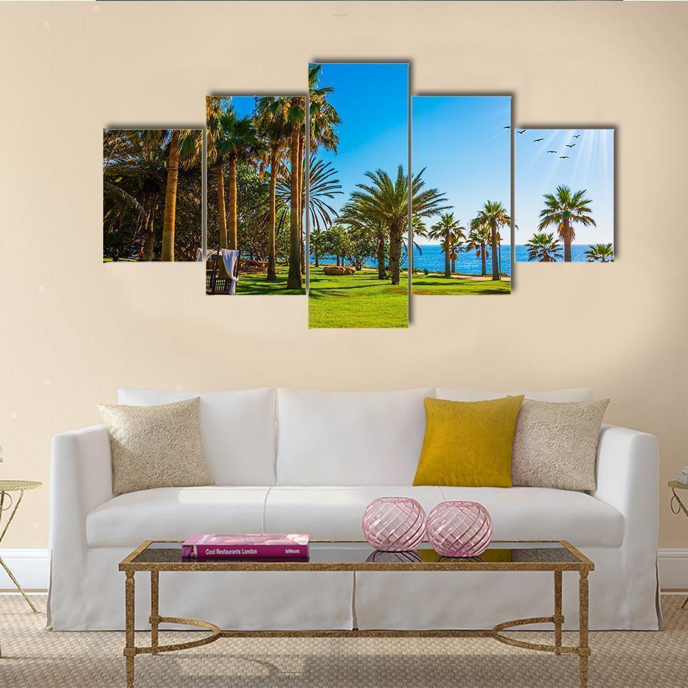 Palm Grove And Green Grass Lawns On Shore Of Sea Island Nature Canvas Wall Art