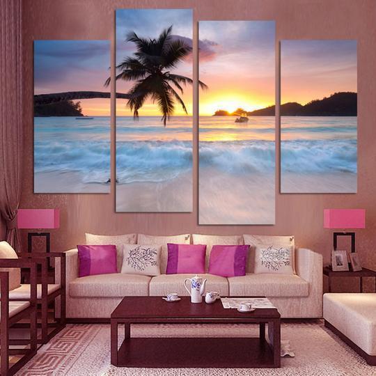 Palm Tree On The Beach At Sunset Ocean Canvas Wall Art