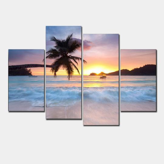 Palm Tree On The Beach At Sunset Ocean Canvas Wall Art