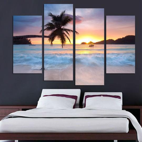 Palm Tree On The Beach At Sunset Ocean Canvas Wall Art