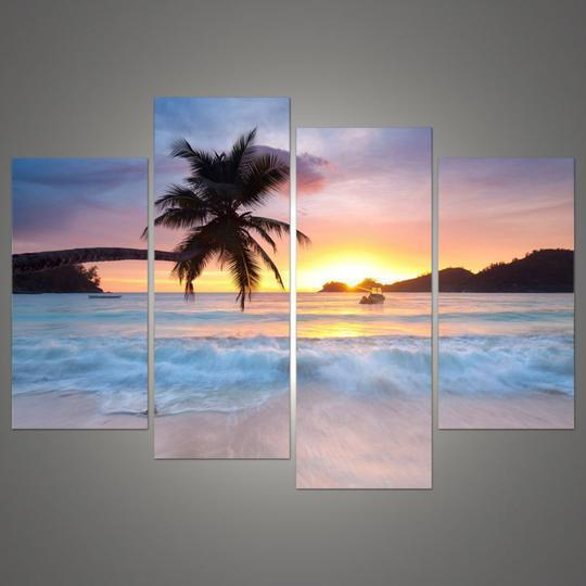 Palm Tree On The Beach At Sunset Ocean Canvas Wall Art