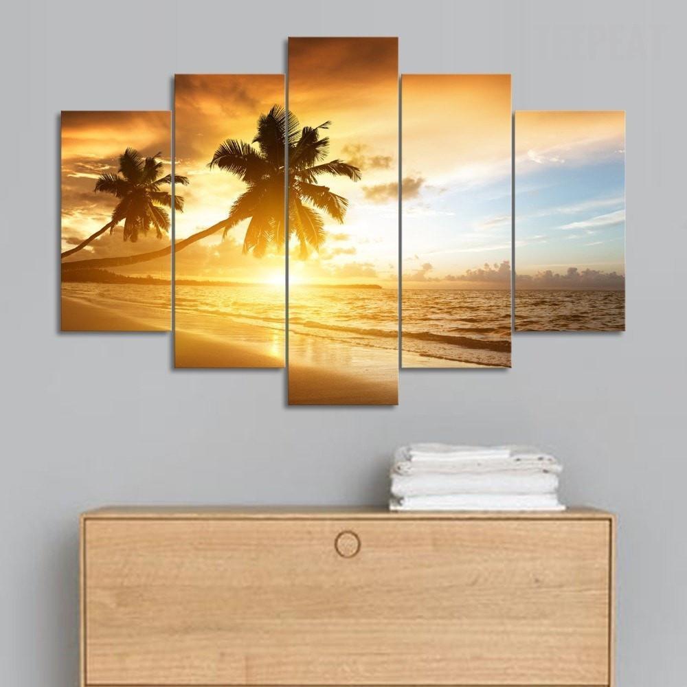 Palm Trees, Sunset, And The Sandy Beach Nature Canvas Wall Art