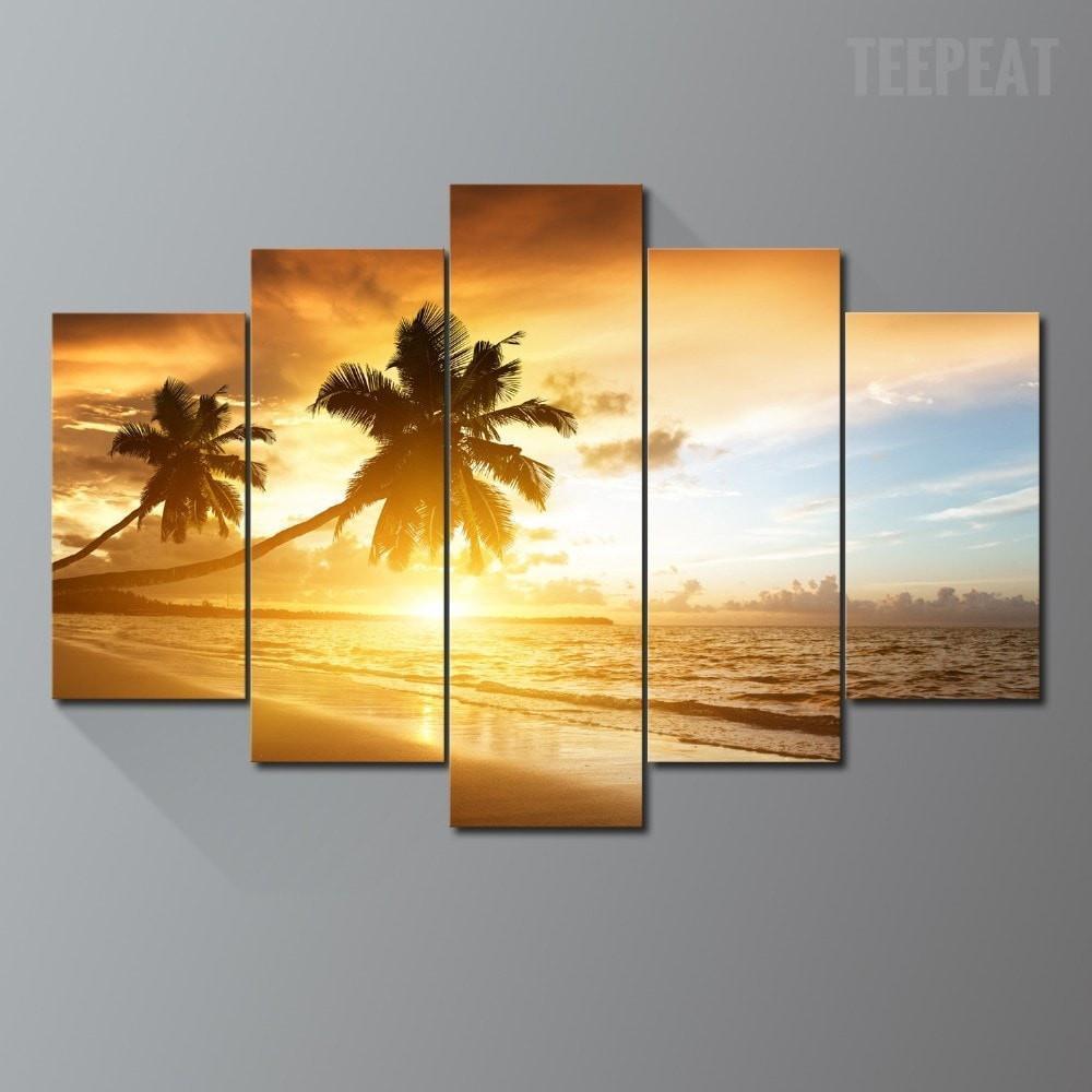 Palm Trees, Sunset, And The Sandy Beach Nature Canvas Wall Art