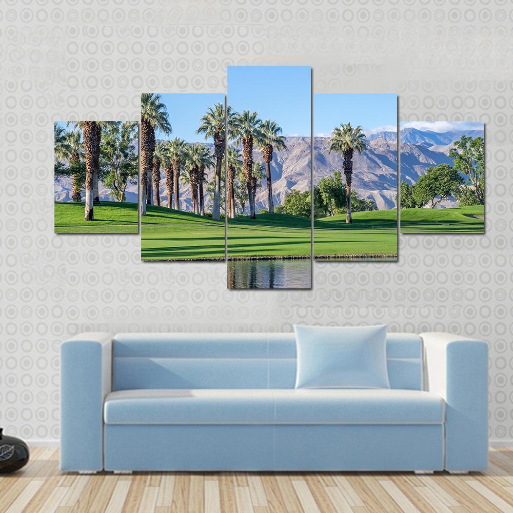 Palms Reflecting In Water On A Golf Course In Palm Desert California Nature Canvas Wall Art