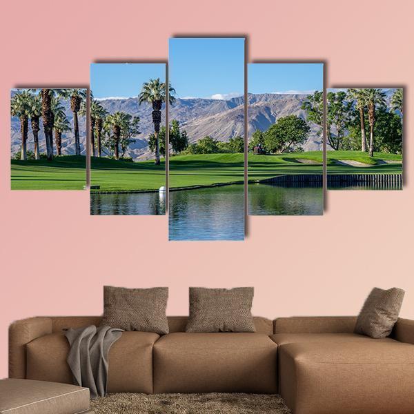 Palms Reflecting In Water On A Golf Course Nature Canvas Wall Art