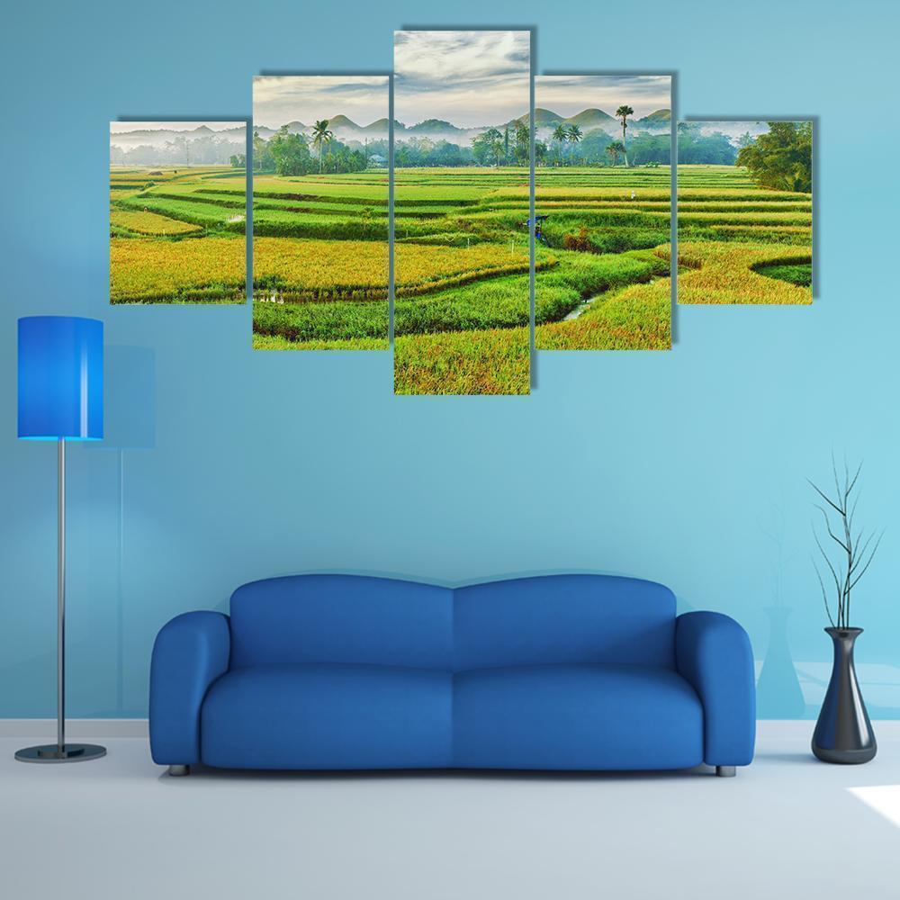 Panorama Of The Paddy Rice Field Nature Canvas Wall Art