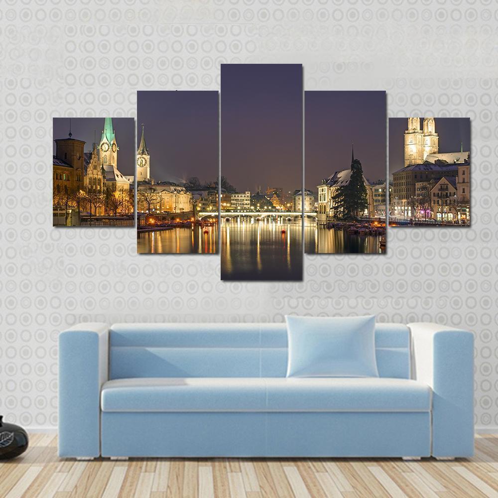Panorama Of Zurich At Night, Switzerland Nature Canvas Wall Art