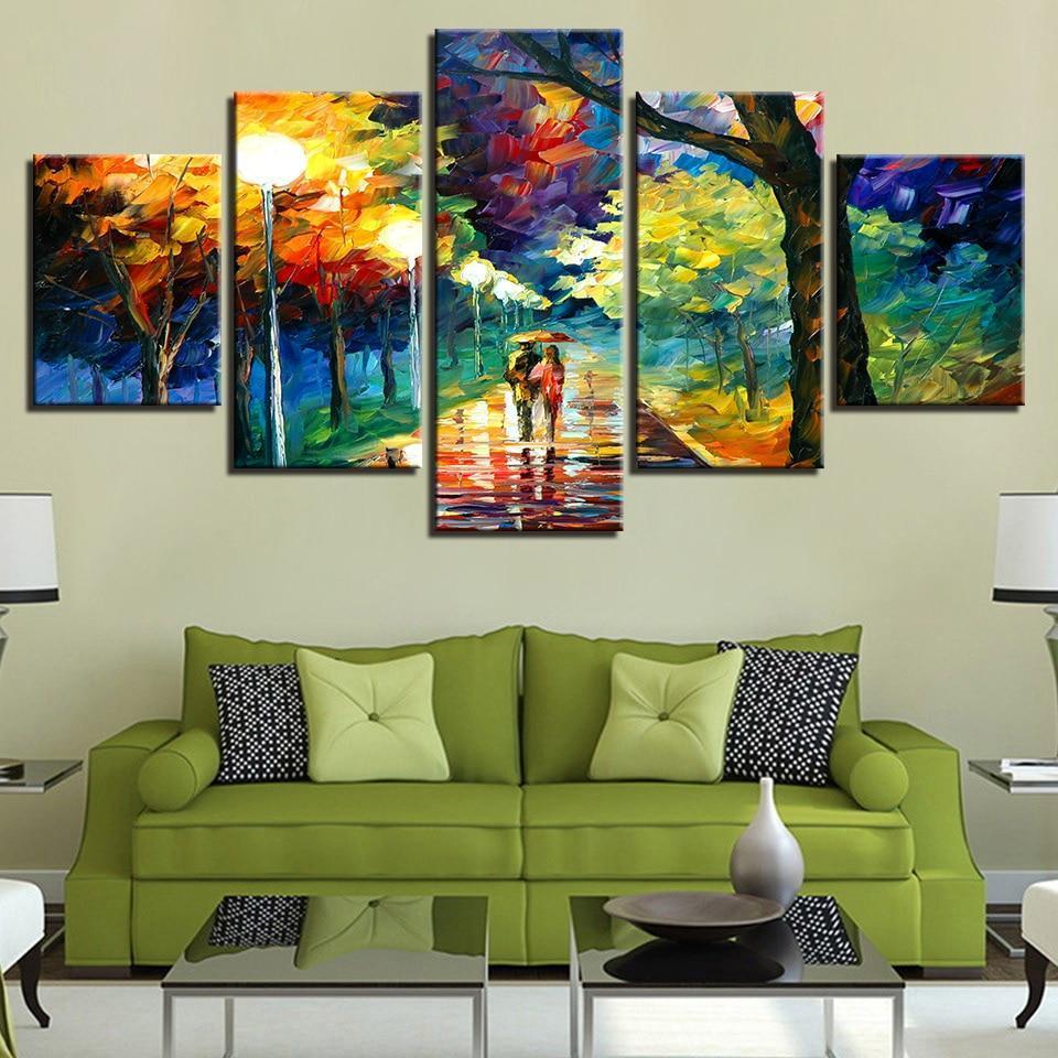 Panting Couple Walking On Road Abtract Canvas Wall Art
