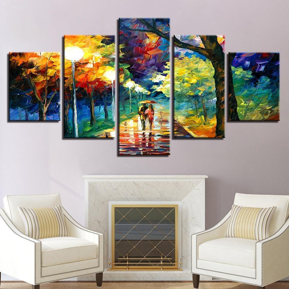 Panting Couple Walking On Road Abtract Canvas Wall Art