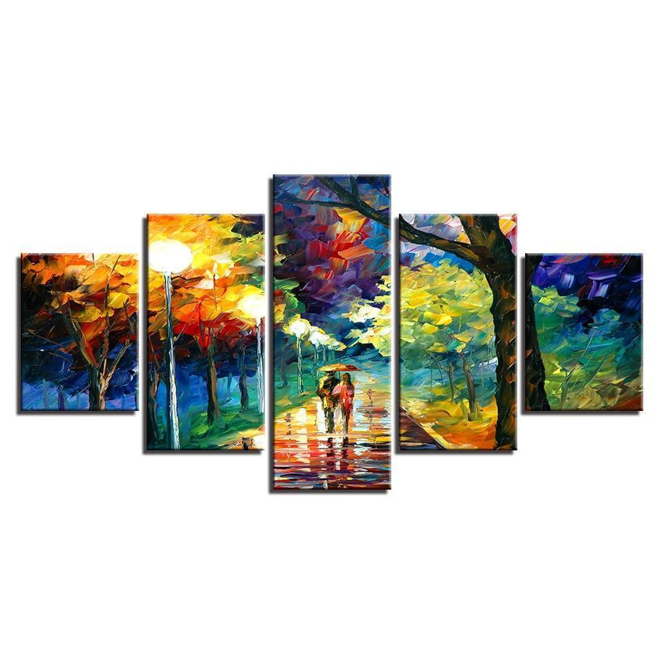 Panting Couple Walking On Road Abtract Canvas Wall Art