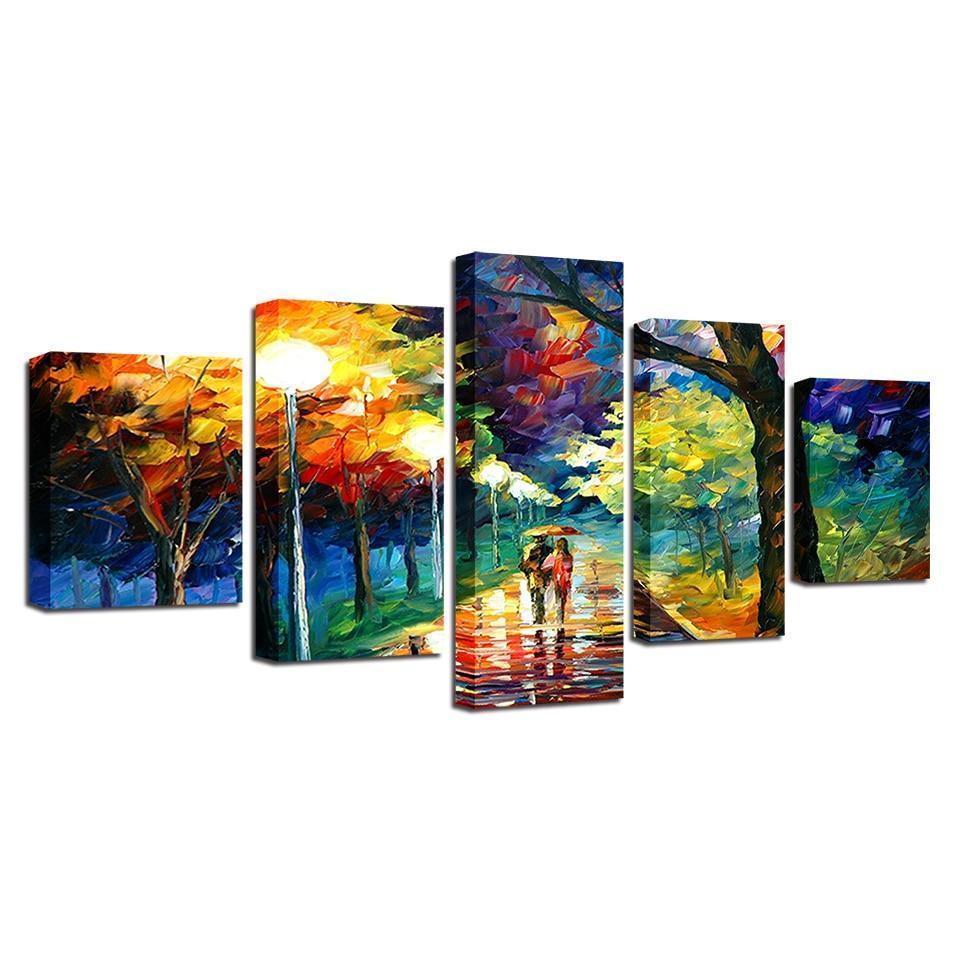 Panting Couple Walking On Road Abtract Canvas Wall Art