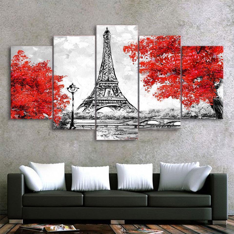 Panting Paris Tower Red Tree Abtract Canvas Wall Art